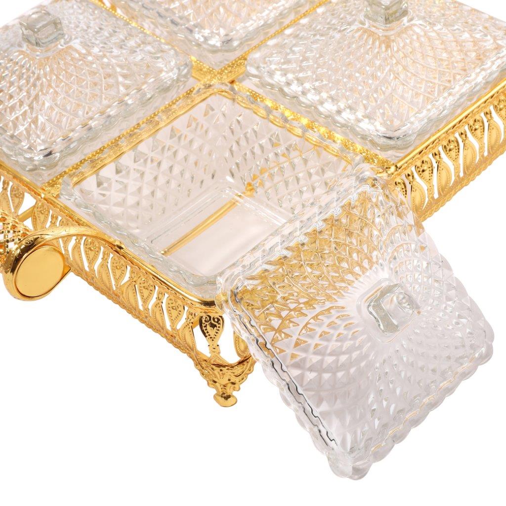 Metal Deco Gold Candy Box Nuts and Chocolates 4 Slot Serving Tray with Lid 35*25*8 cm
