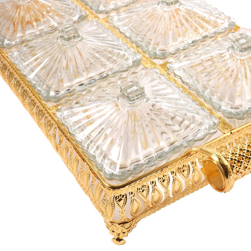 Metal Deco Gold Candy Box Nuts and Chocolates 6 Slot Serving Tray with Lid 47*24*10 cm