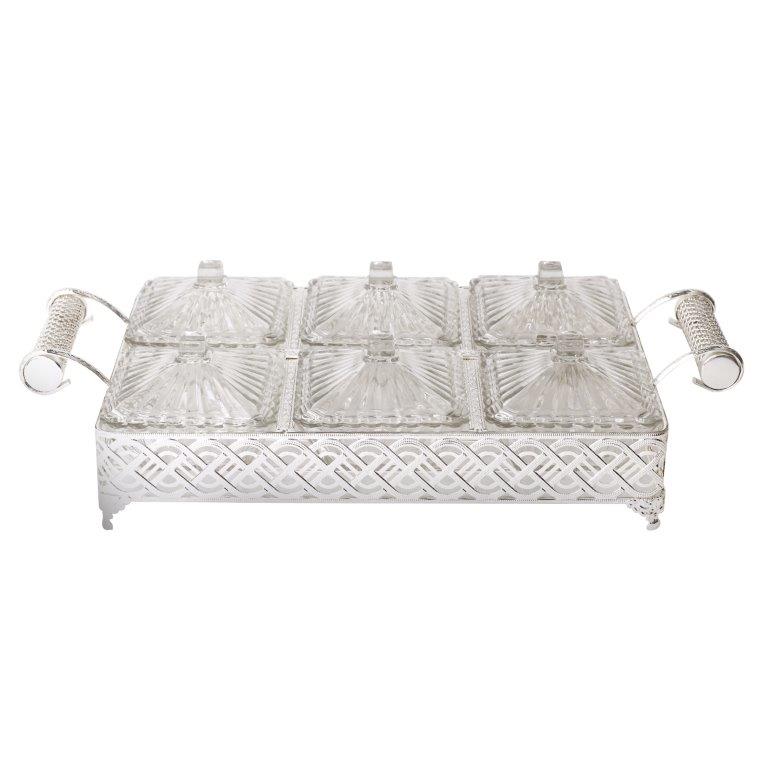 Metal Deco Silver Candy Box Nuts and Chocolates 6 Slot Serving Tray with Lid 47*24*10 cm