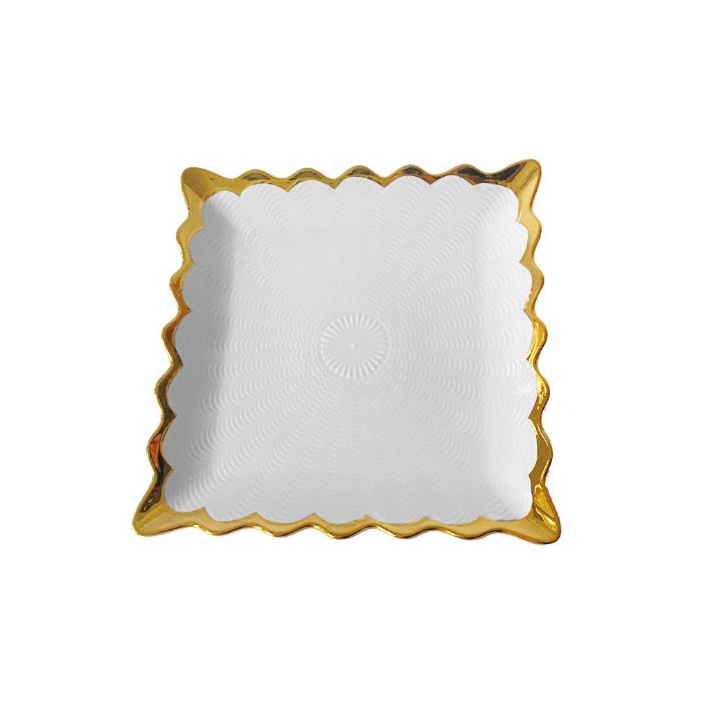 White Ceramic Gold Rim Tableware Rectangular Serving Dish Plate 25.5X25.5X3 cm