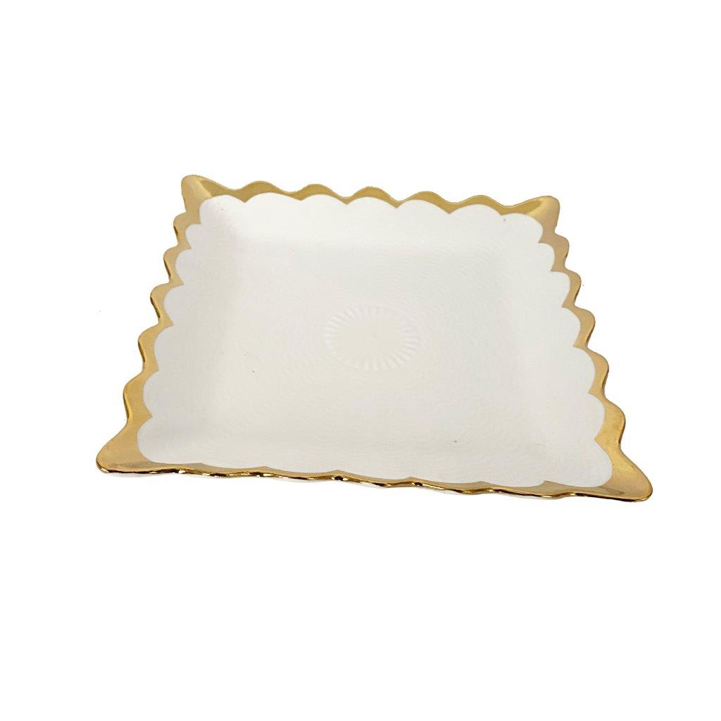 White Ceramic Gold Rim Tableware Rectangular Serving Dish Plate 20.5X20.5X2.5 cm