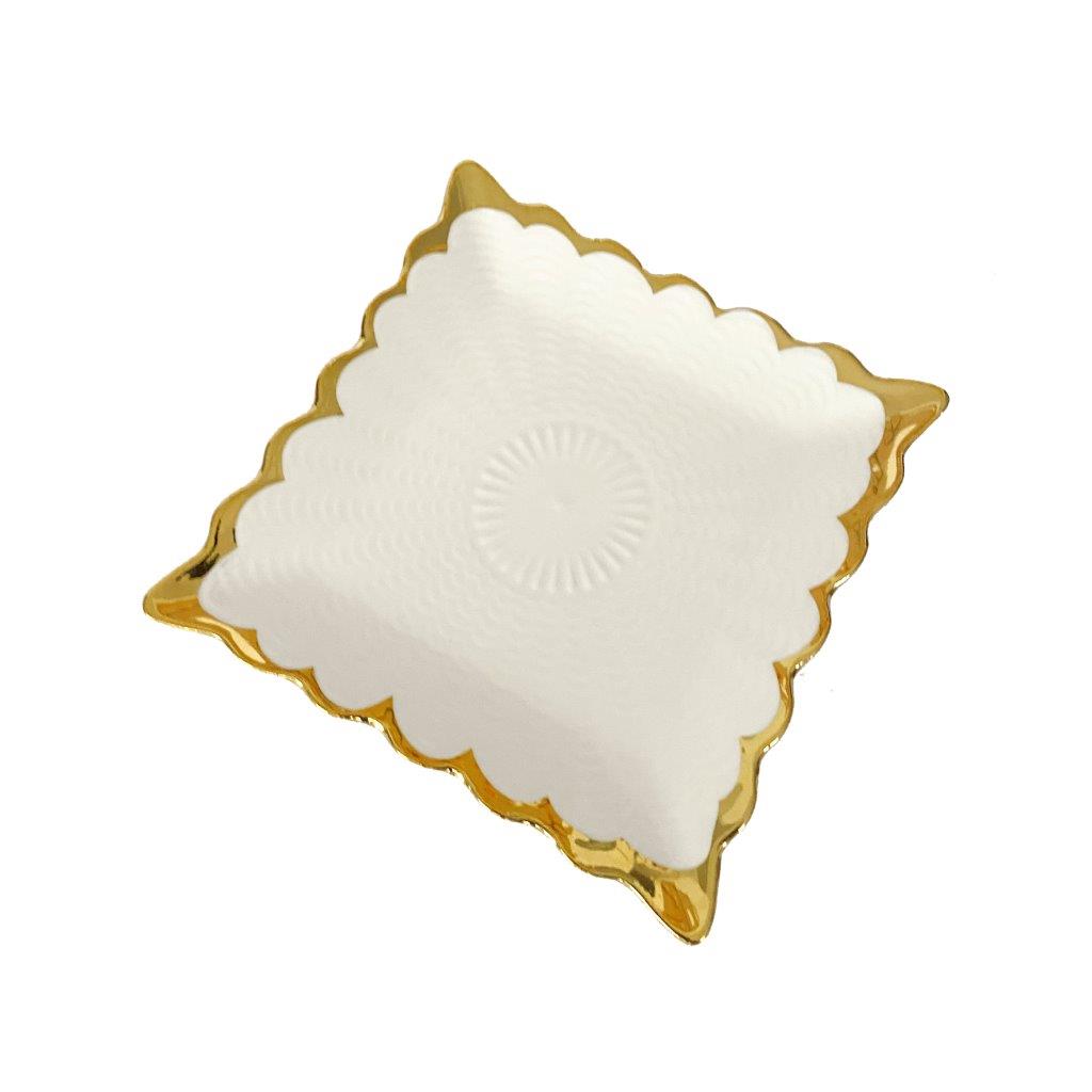 White Ceramic Gold Rim Tableware Rectangular Serving Dish Plate 15X15X2 cm