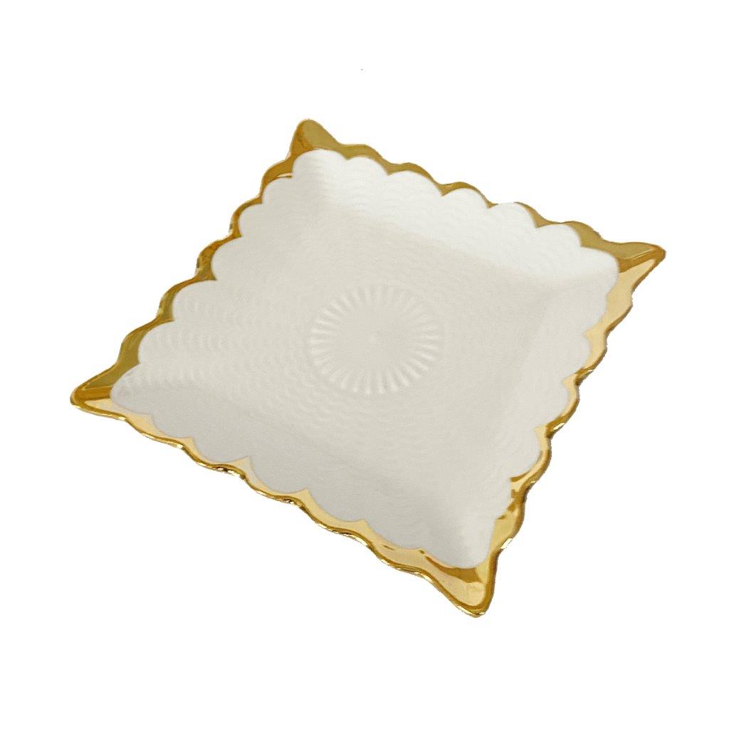 White Ceramic Gold Rim Tableware Rectangular Serving Dish Plate 15X15X2 cm