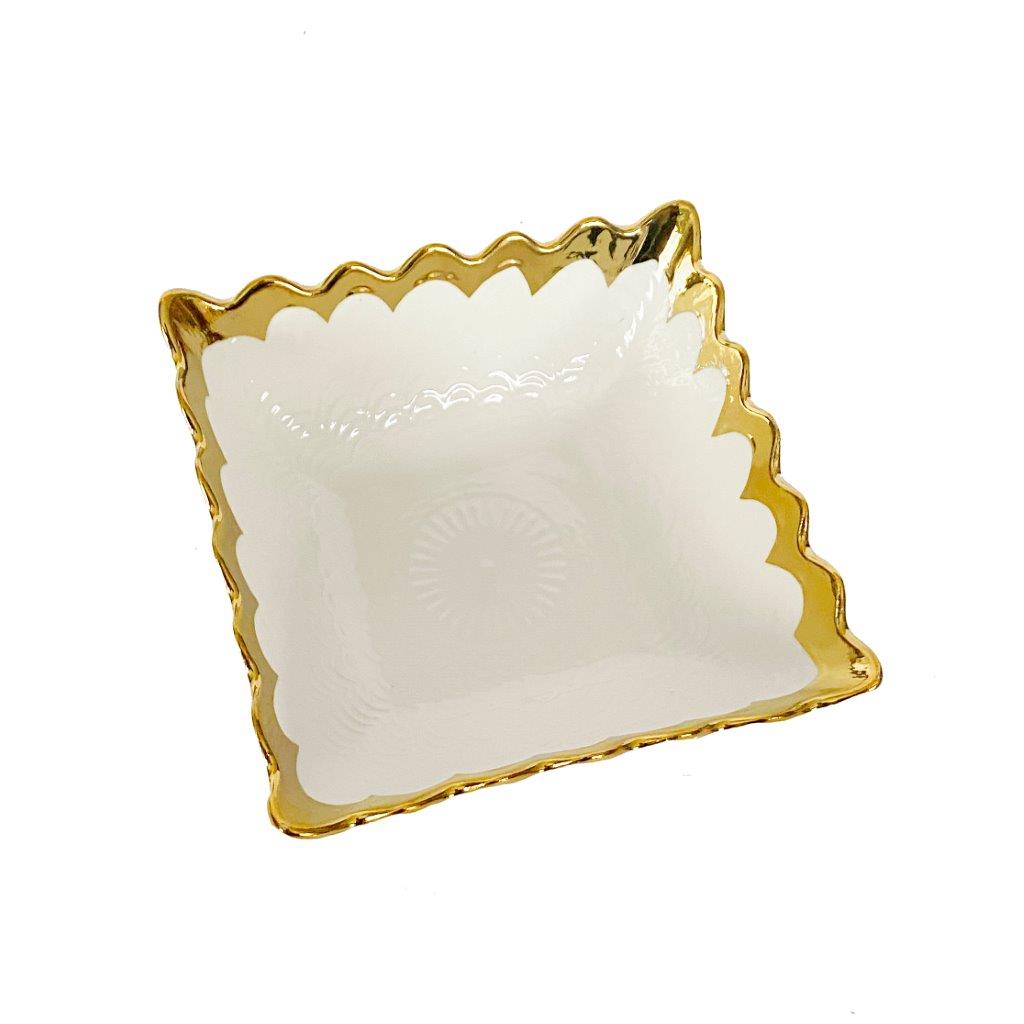 White Ceramic Gold Rim Tableware Rectangular Serving Dish Bowl 15.5X15X6.5 cm