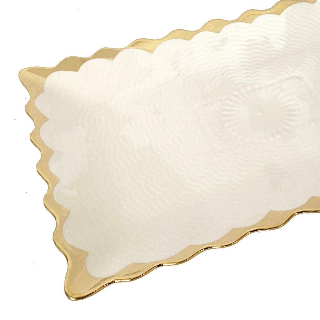 White Ceramic Gold Rim Tableware Rectangular Serving Dish Plate 35.5X22X3 cm