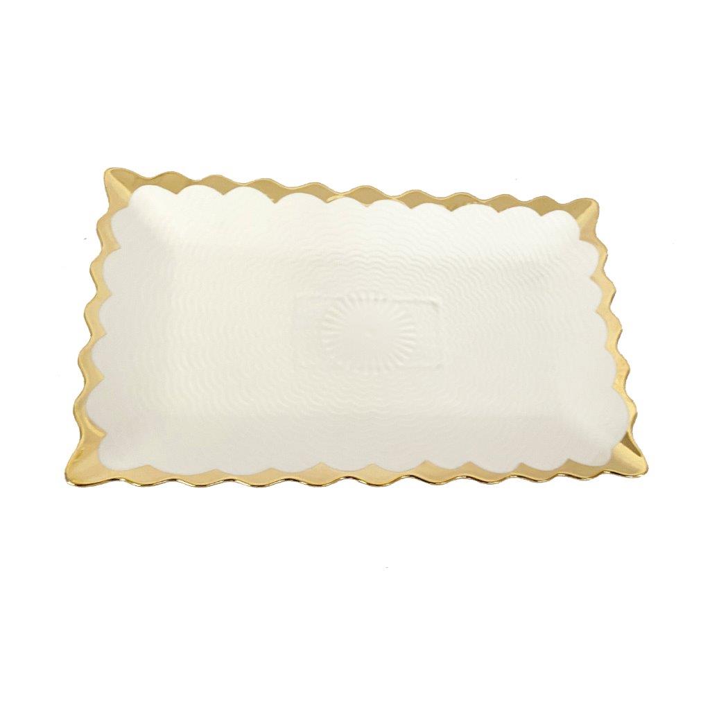 White Ceramic Gold Rim Tableware Rectangular Serving Dish Plate 35.5X22X3 cm