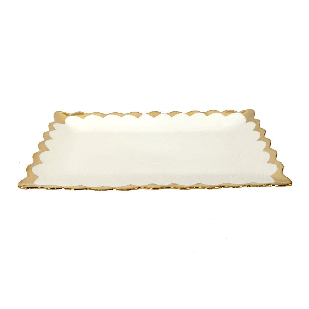 White Ceramic Gold Rim Tableware Rectangular Serving Dish Plate 25.5X15.5X2 cm