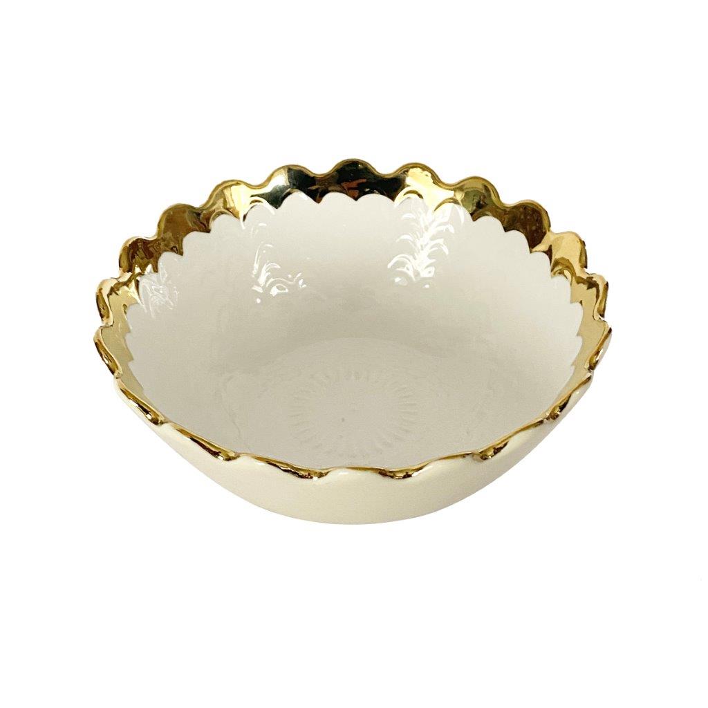 White Ceramic Gold Rim Tableware Round Serving Dish Bowl 16X16X6.5 cm