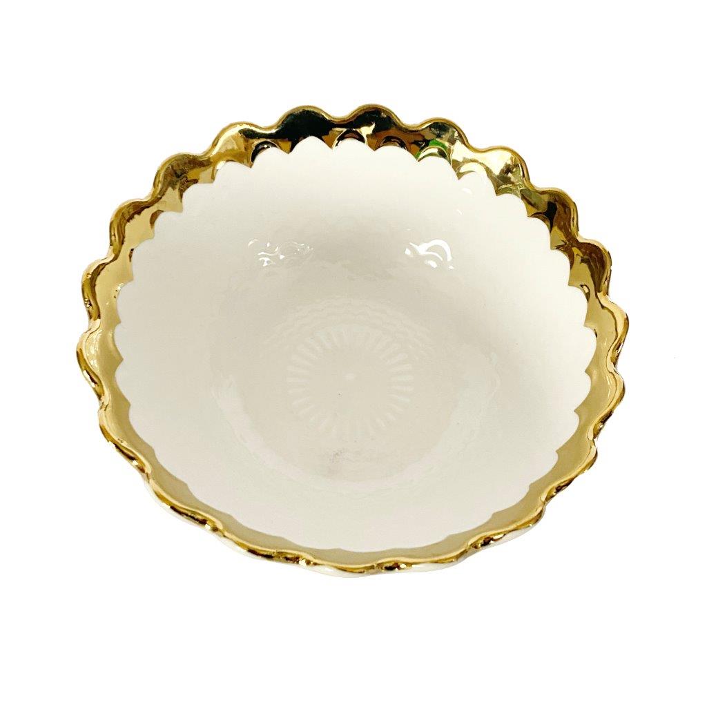 White Ceramic Gold Rim Tableware Round Serving Dish Bowl 16X16X6.5 cm