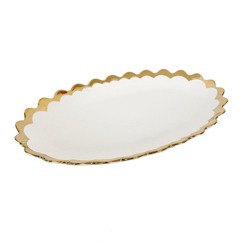 White Ceramic Gold Rim Tableware Oval Serving Dish Bowl 36X21.5X3 cm