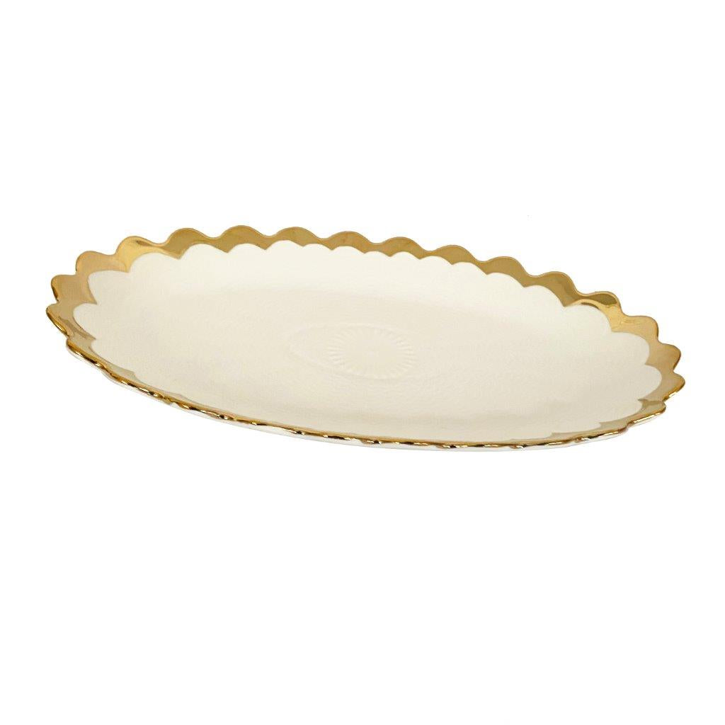 White Ceramic Gold Rim Tableware Oval Serving Dish Bowl 31X18.5X2.5 cm
