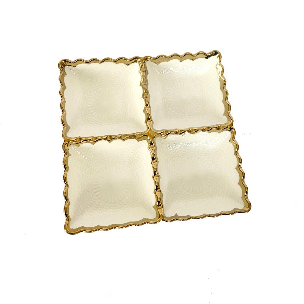 White Ceramic Gold Rim Tableware Rectangular Divided Plate 20.5X20.5X3.5 cm