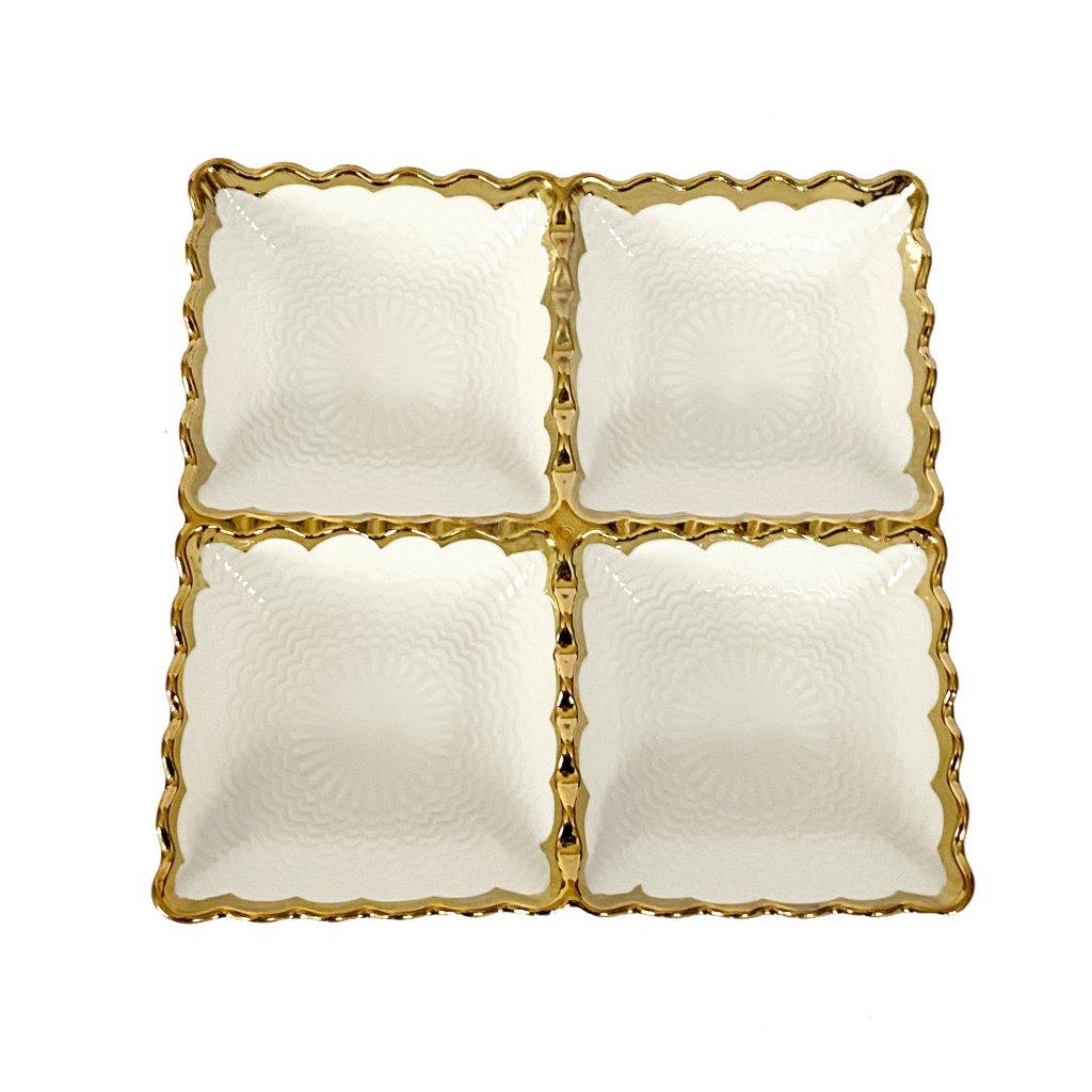 White Ceramic Gold Rim Tableware Rectangular Divided Plate 20.5X20.5X3.5 cm
