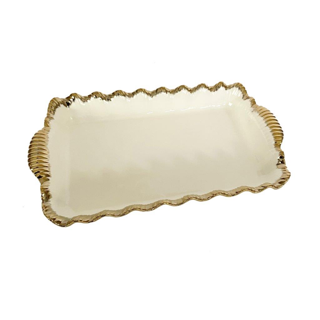 White Ceramic Gold Rim Tableware Rectangular Serving Dish Plate 33*19.5*5.4 cm