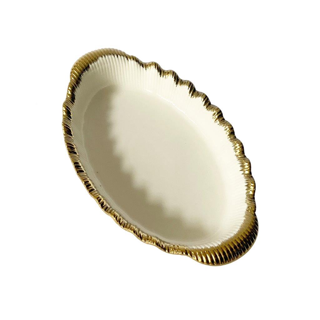 White Ceramic Gold Rim Tableware Oval Serving Dish Plate 27.5*17*4.8 cm