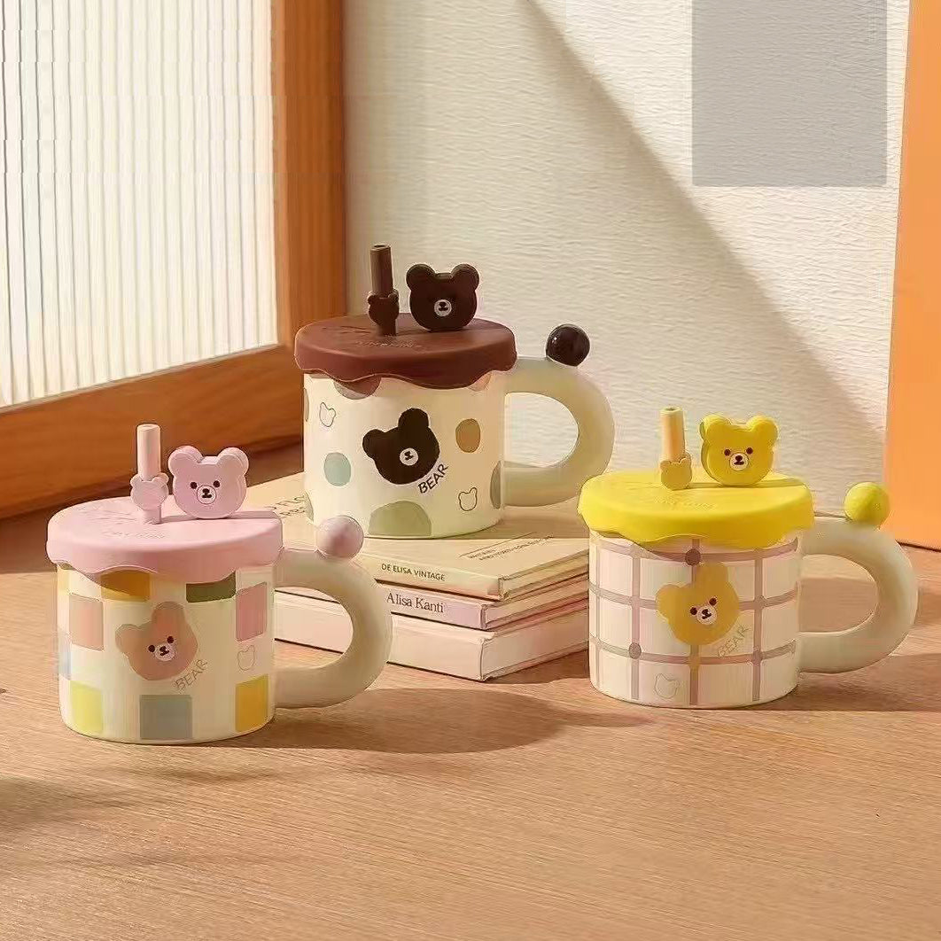 Modern Ceramic Mug with Straw and Lid