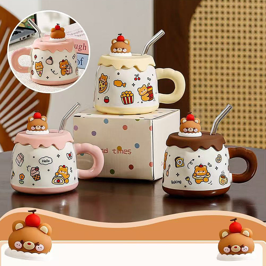 Modern Ceramic Mug with straw and Lid 10*12 CM