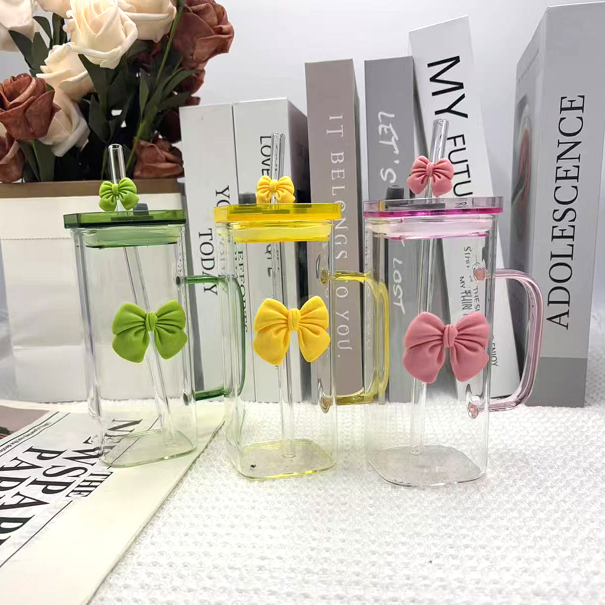 Glass Mug with Straw and Lid 6*14.5 CM