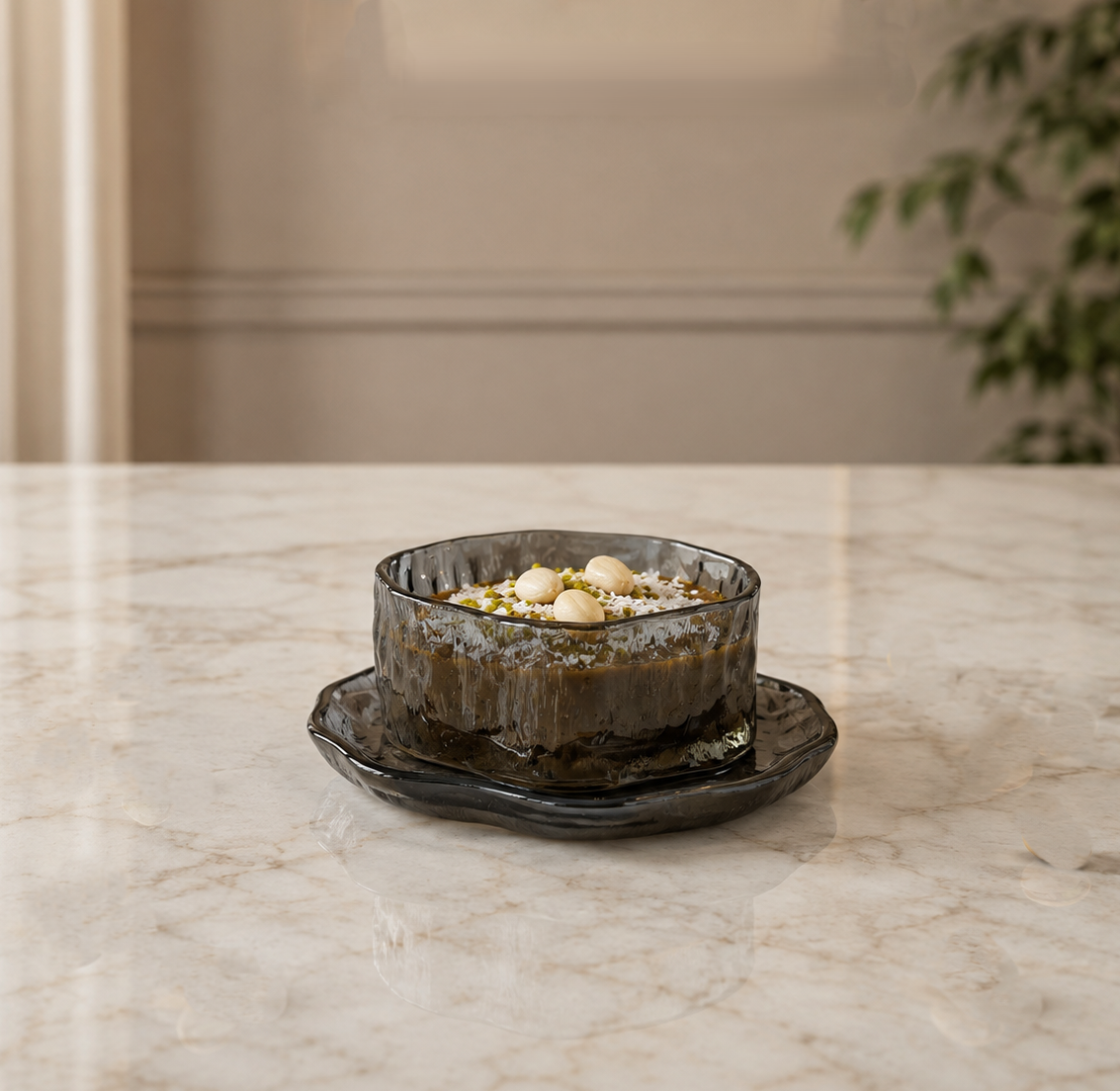 Smoky Grey Textured Glass Cup & Saucer- 6 pcs