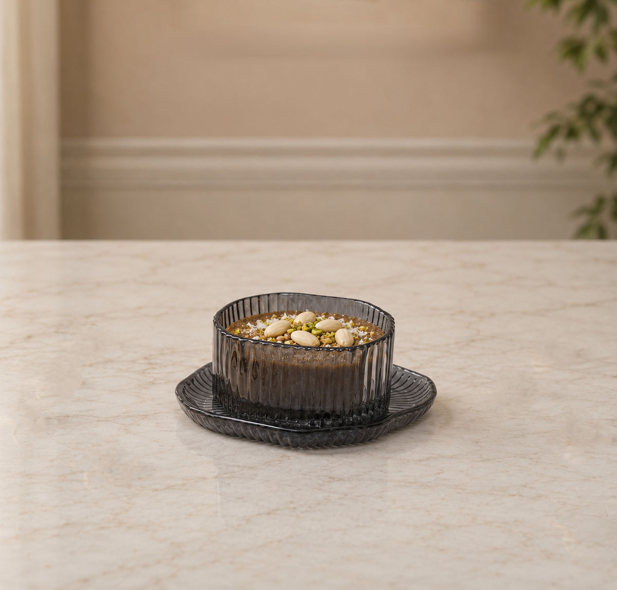 Smoky Grey Fluted Glass Cup & Saucer- 6 pcs
