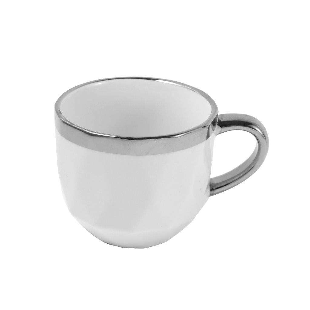 Ceramic Tea Cup and Saucer Set of 8 pcs with Teapot and Tray White Silver Pot 1100 ml Cup 200 ml