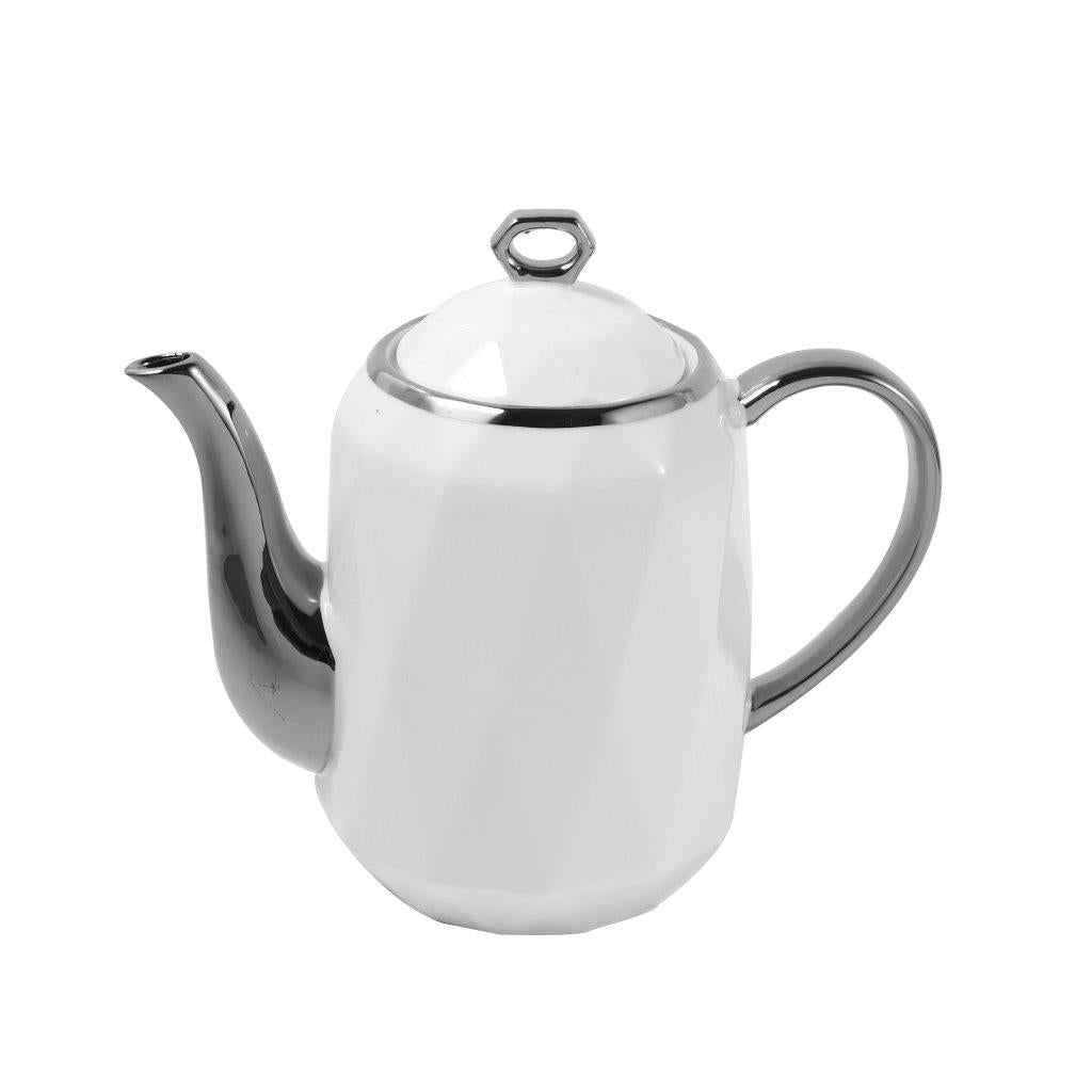 Ceramic Tea Cup and Saucer Set of 8 pcs with Teapot and Tray White Silver Pot 1100 ml Cup 200 ml