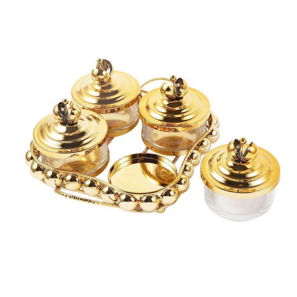 Gold Crystal Glass Candy Jar Canisters Set of 4 with Tray 27*22*12 cm