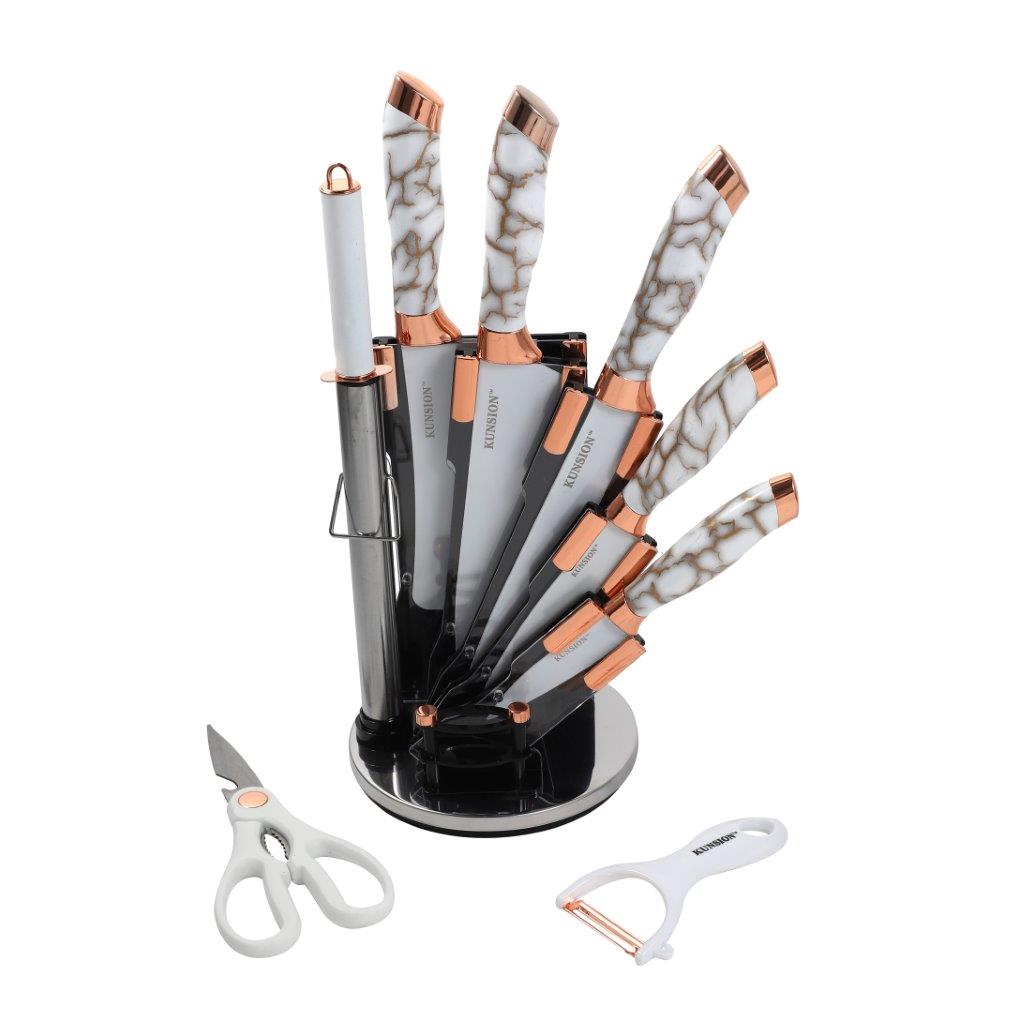 Premium Quality Stainless Steel Chef Kitchen Knife Set of 9 Pcs With Knife Stand White Marble Coating 33 cm