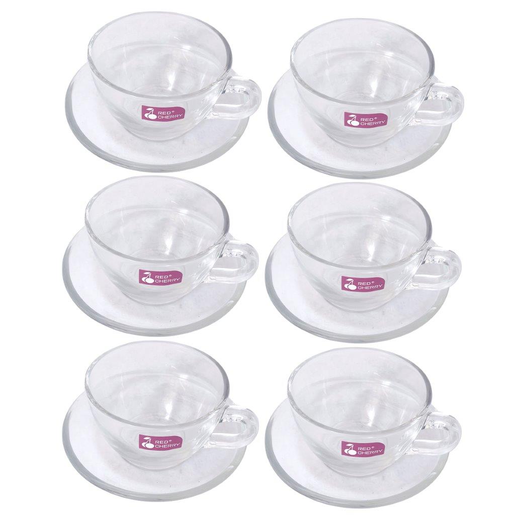 Premium Lead Free Glass Tea Cup with Saucer Set of 6 Pcs 9.5*7.5/13.5 cm