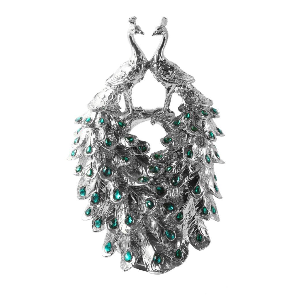 Silver Sculpture Statue Resin Figurine Peacock H 40 cm