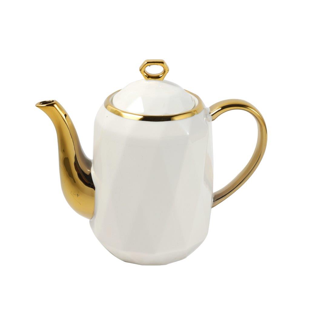 Ceramic Tea Cup and Saucer Set of 8 pcs with Teapot and Tray White Gold Pot 1100 ml Cup 200 ml