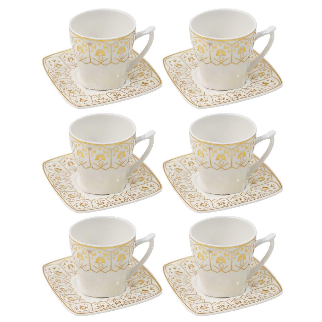 Royal Cream Abstract Print Ceramic Coffee Cup & Saucer Set of 6 Pcs