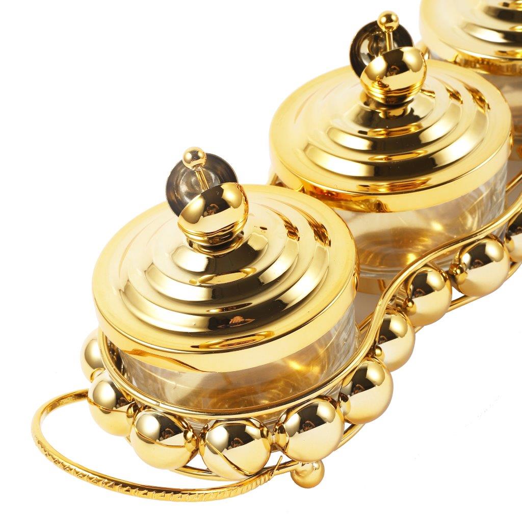 Gold Crystal Glass Candy Jar Canisters Set of 3 with Tray 37*12*12 cm
