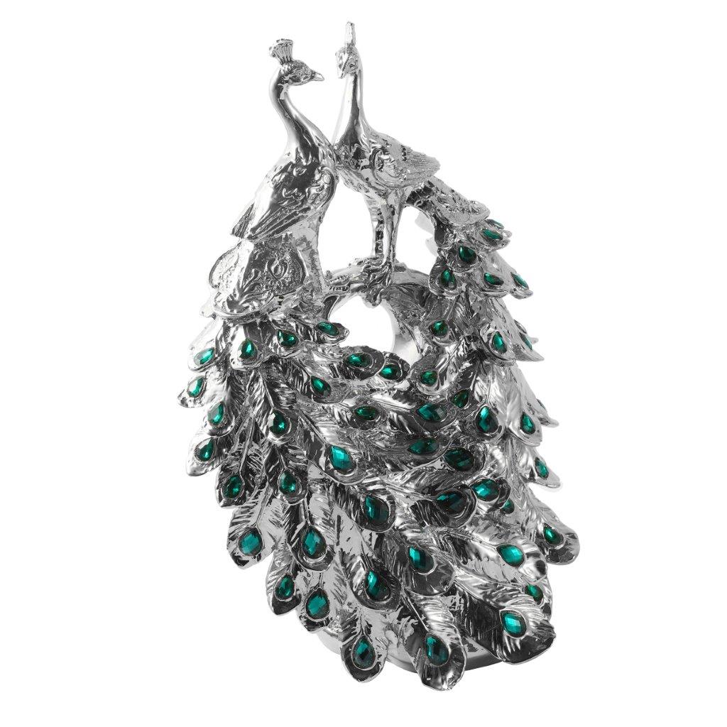 Silver Sculpture Statue Resin Figurine Peacock H 40 cm