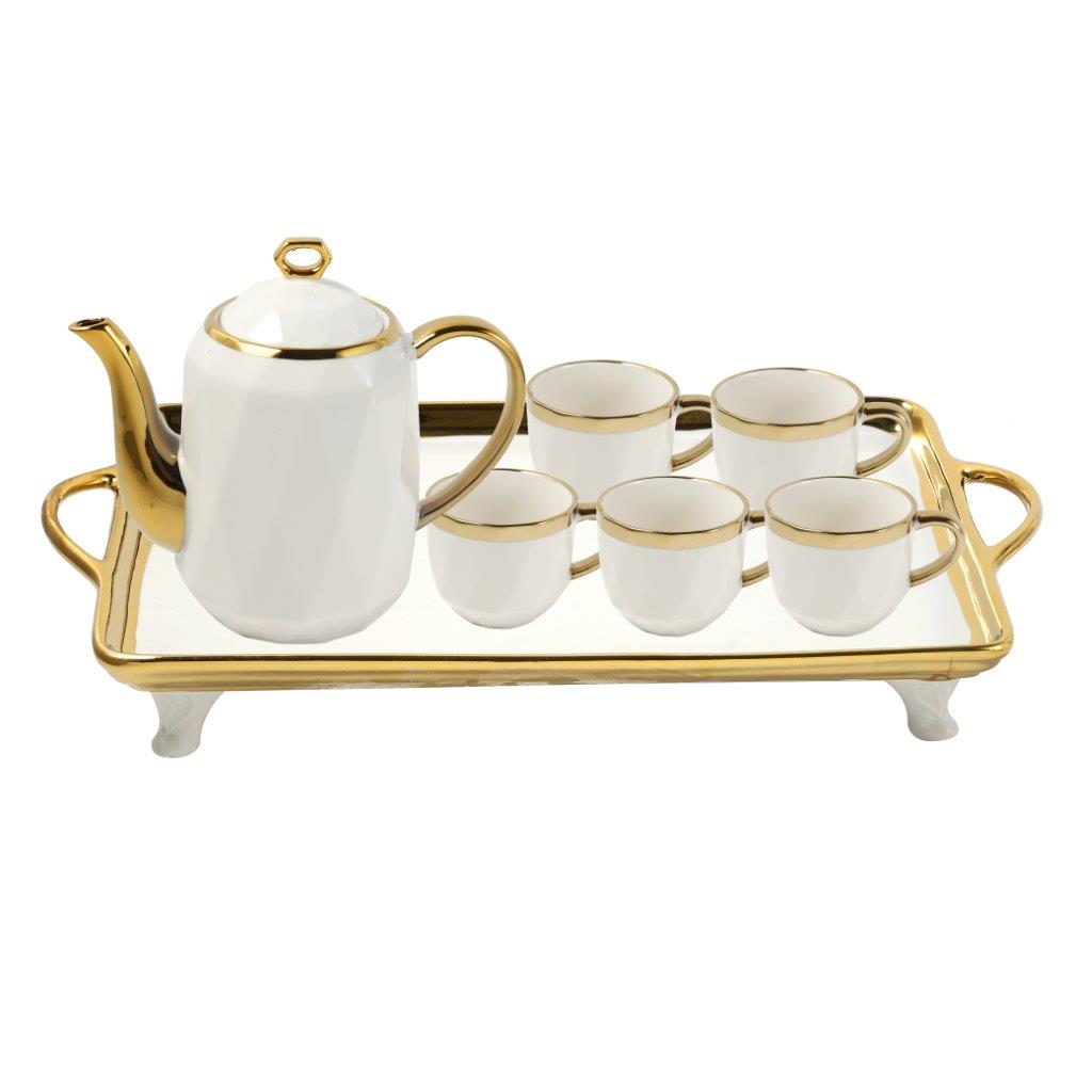 Ceramic Tea Cup and Saucer Set of 8 pcs with Teapot and Tray White Gold Pot 1100 ml Cup 200 ml