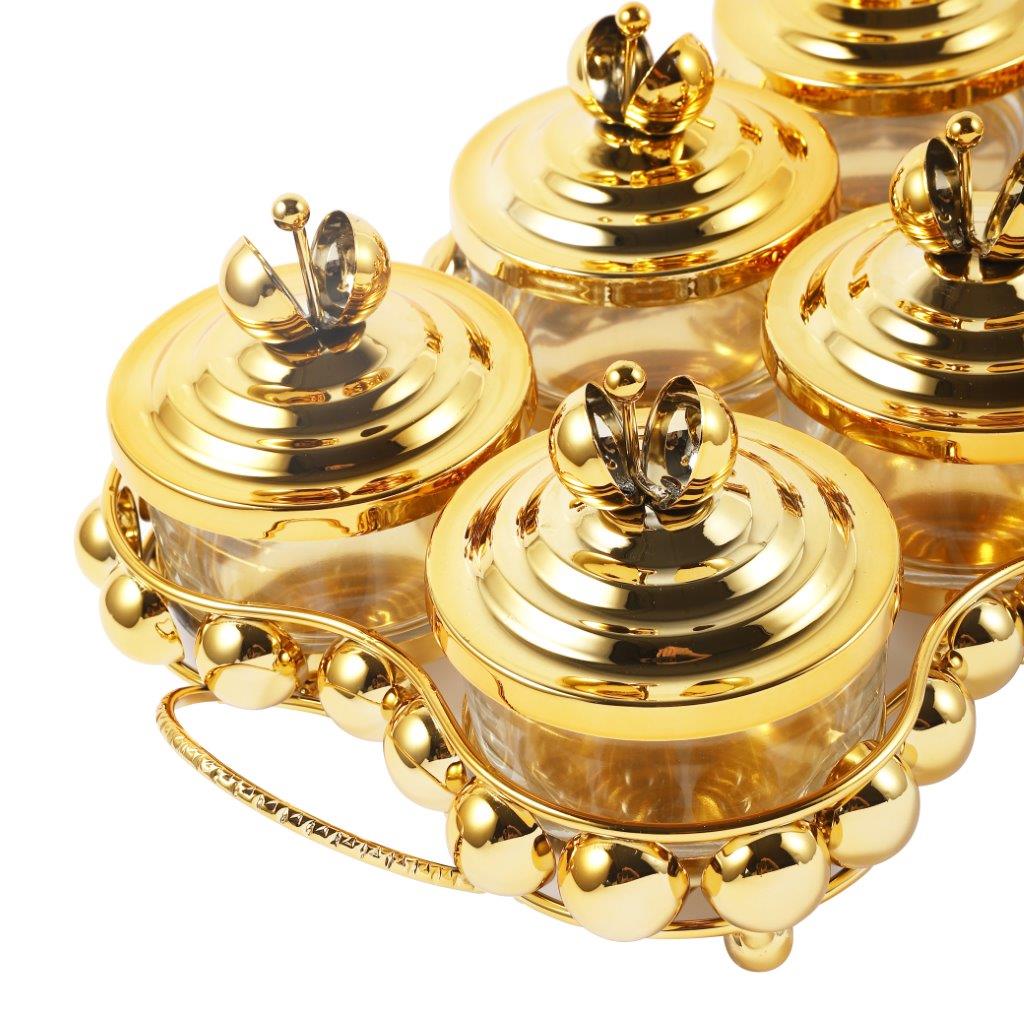 Gold Crystal Glass Candy Jar Canisters Set of 6 with Tray 38*22*12 cm