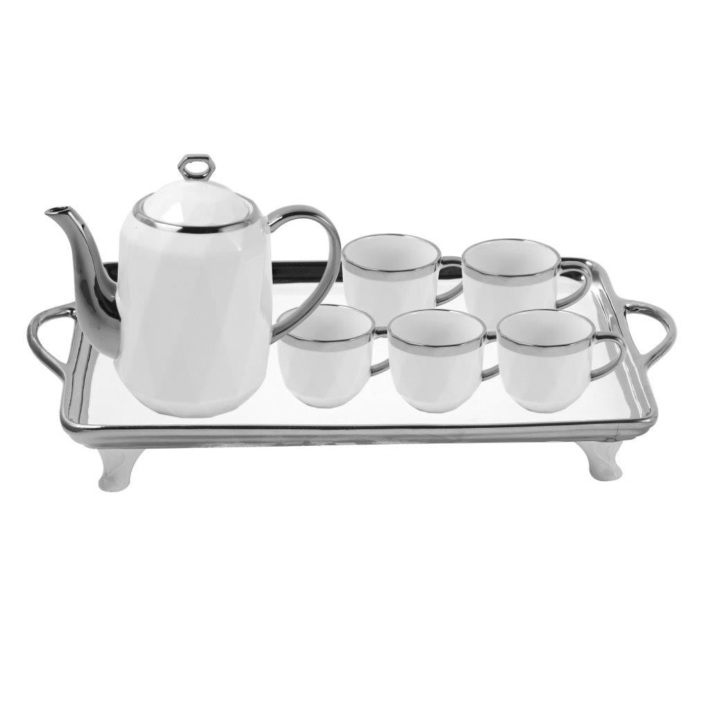 Ceramic Tea Cup and Saucer Set of 8 pcs with Teapot and Tray White Silver Pot 1100 ml Cup 200 ml