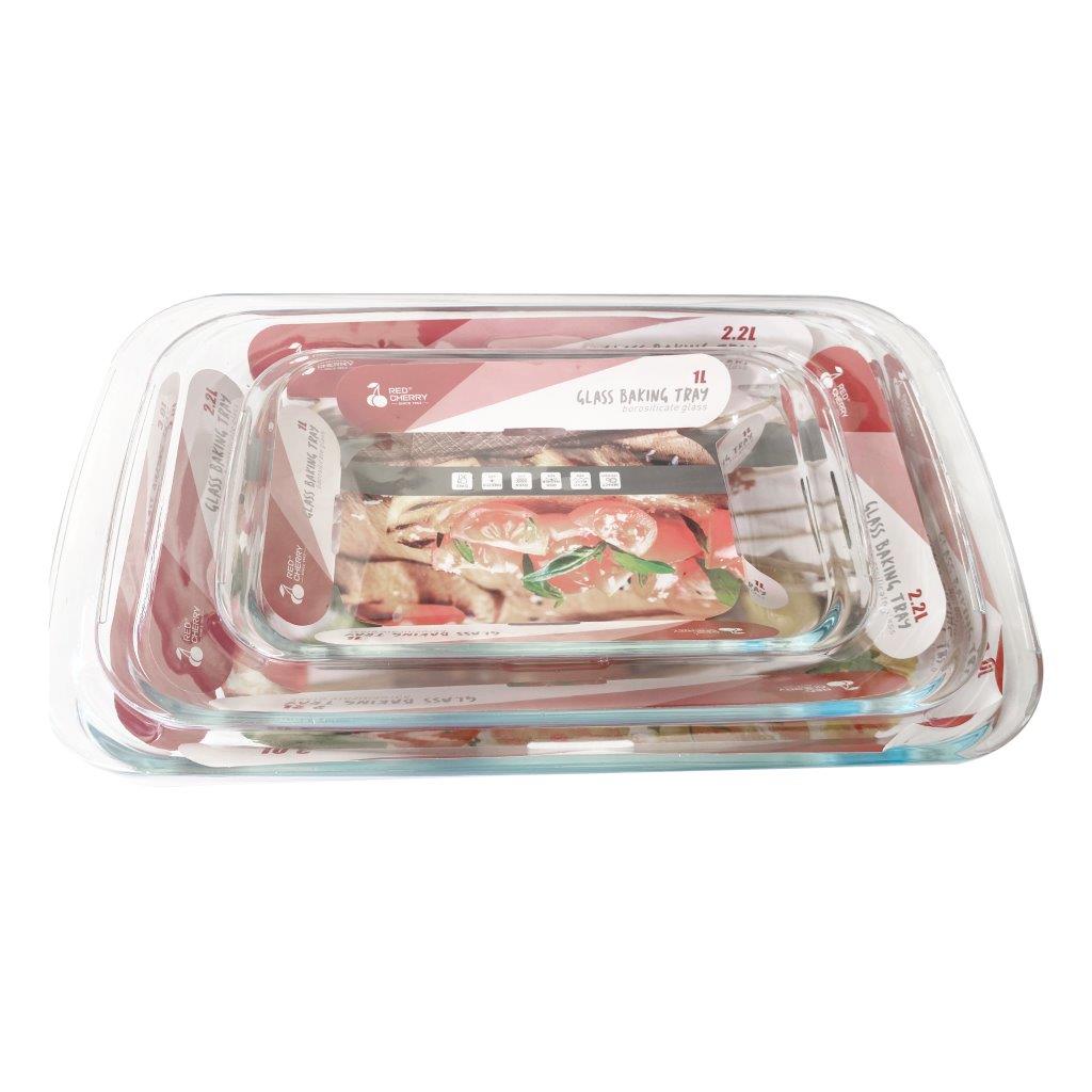 Heat Resistant Rectangle Glass Baking Dish Set of 3 Pcs 3+2.2+1L