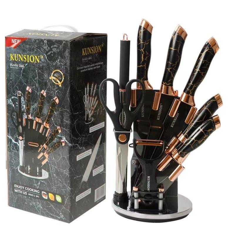 Premium Quality Stainless Steel Chef Kitchen Knife Set of 9 Pcs With Knife Stand Black Marble Coating 33 cm