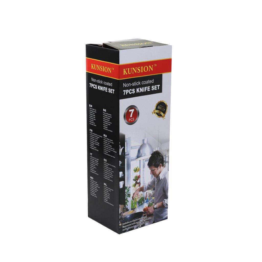 Premium Quality Stainless Steel Chef Kitchen Knife Set of 7 Pcs With Knife Stand Beige Marble Coating 33 cm