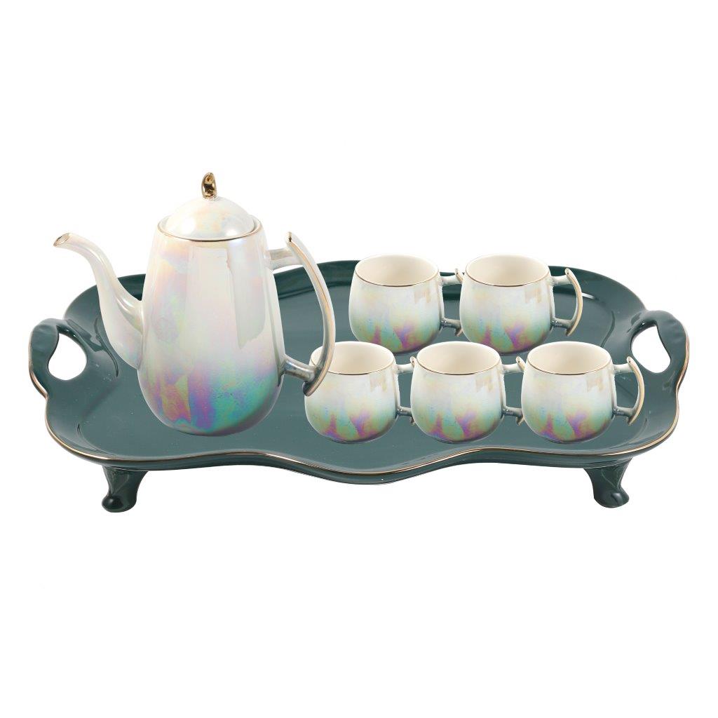 Ceramic Tea Cup and Saucer Set of 8 pcs with Teapot and Tray Turquoise Pearl Pot 1100 ml Cup 200 ml