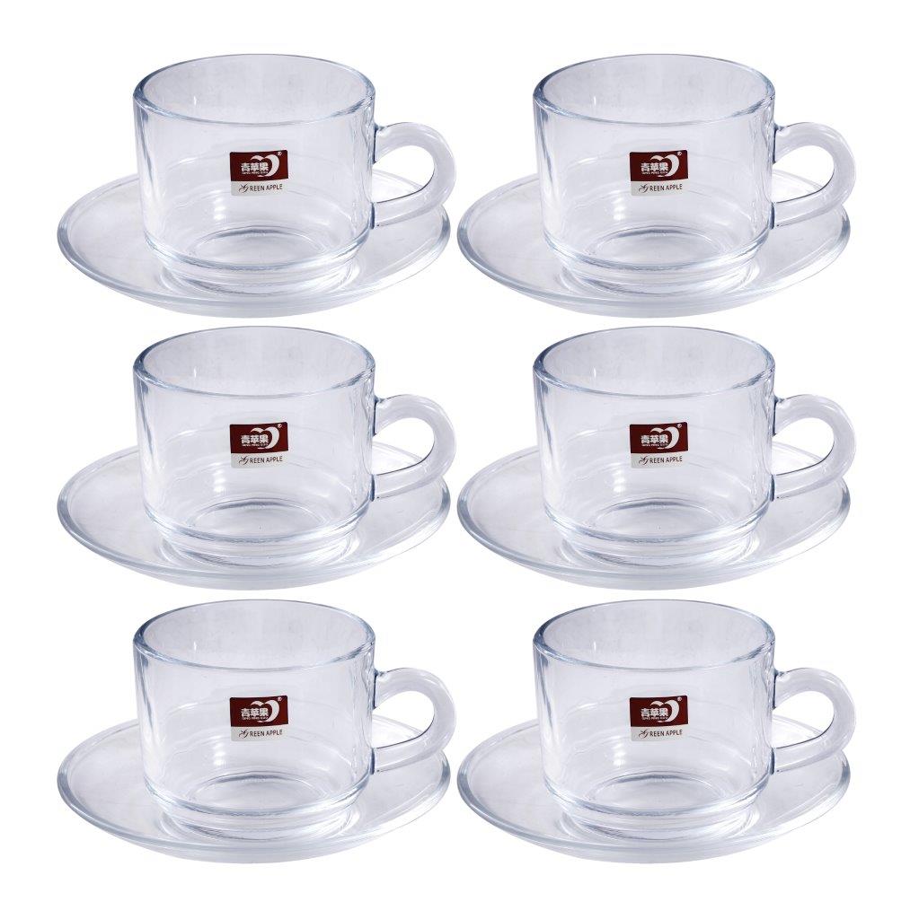 Glass Treo Mug Style Tea Cup with Saucer Set of 6 210 ml