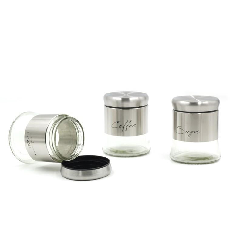 Stainless Steel Plastic Glass Base Canister Tea Sugar Coffee Set of 3 13.5*10 cm