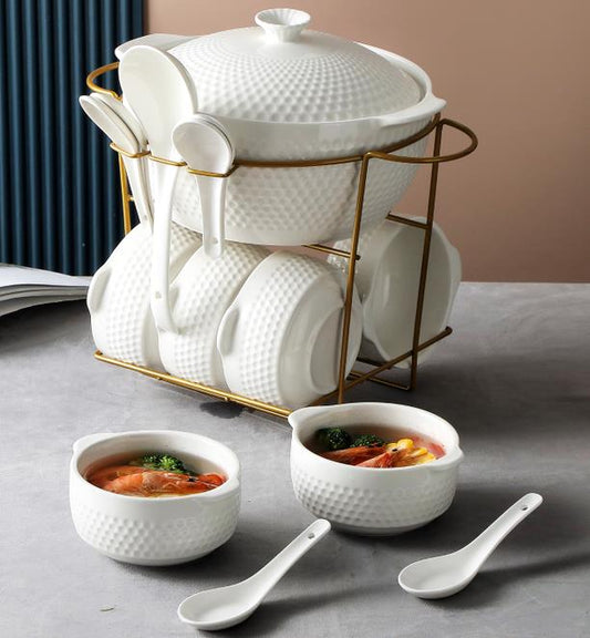White Ceramic Tureen Soup Serving Dish and Bowl Set of 16