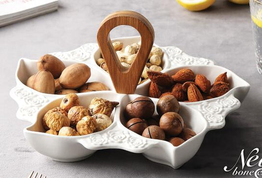 Leaf Shaped Ceramic Divided Plate Fruit Platter with Bamboo Stand 10 inch