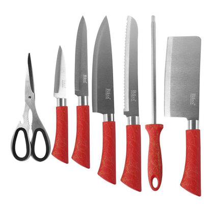 Bass Brand Premium Quality Stainless Steel Chef Kitchen Knife Set of 8 Pcs Red Handle 30 cm