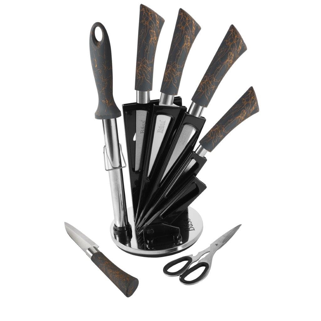 Bass Brand Premium Quality Stainless Steel Chef Kitchen Knife Set of 8 Pcs Grey Handle 30 cm