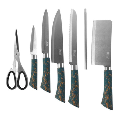 Bass Brand Premium Quality Stainless Steel Chef Kitchen Knife Set of 8 Pcs Green Handle 30 cm