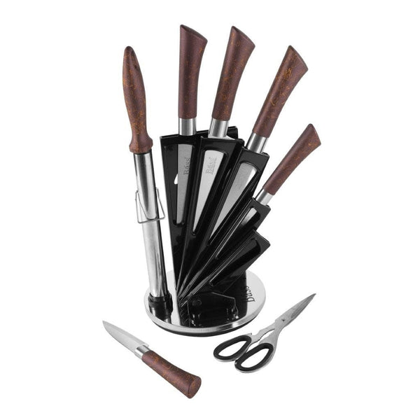 Bass Brand Premium Quality Stainless Steel Chef Kitchen Knife Set of 8 Pcs Maroon Handle 30 cm