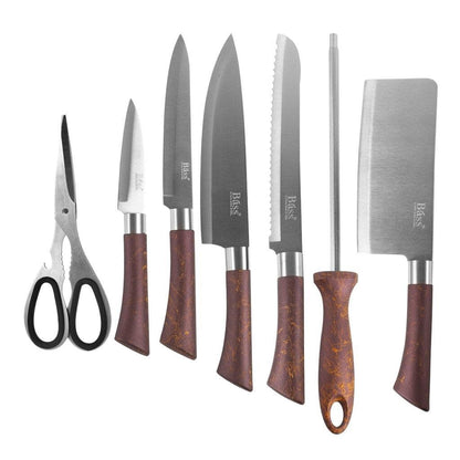Bass Brand Premium Quality Stainless Steel Chef Kitchen Knife Set of 8 Pcs Maroon Handle 30 cm